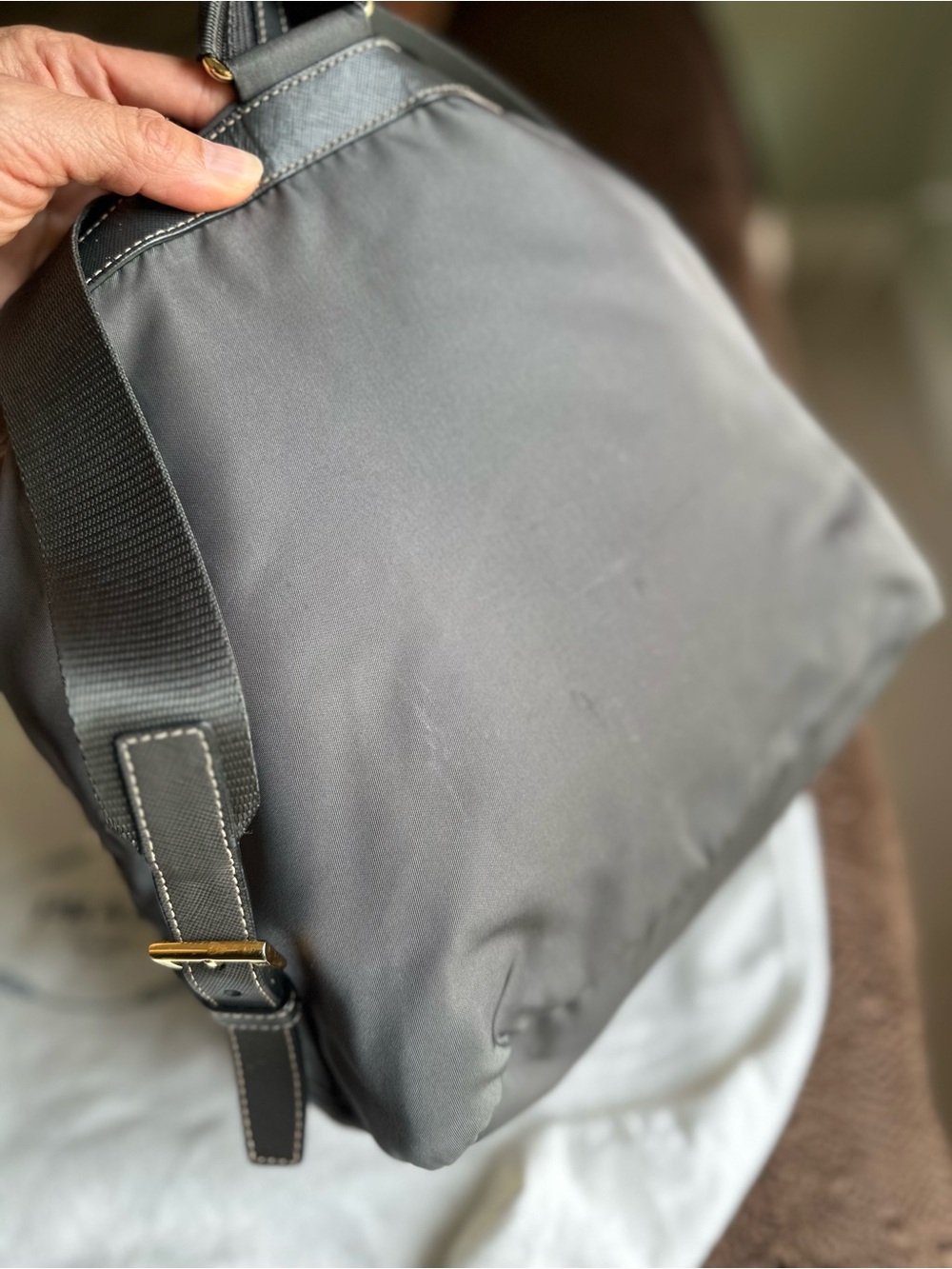 Prada Gray Nylon Drawstring Backpack with Gold Hardware - Picture 4 of 16